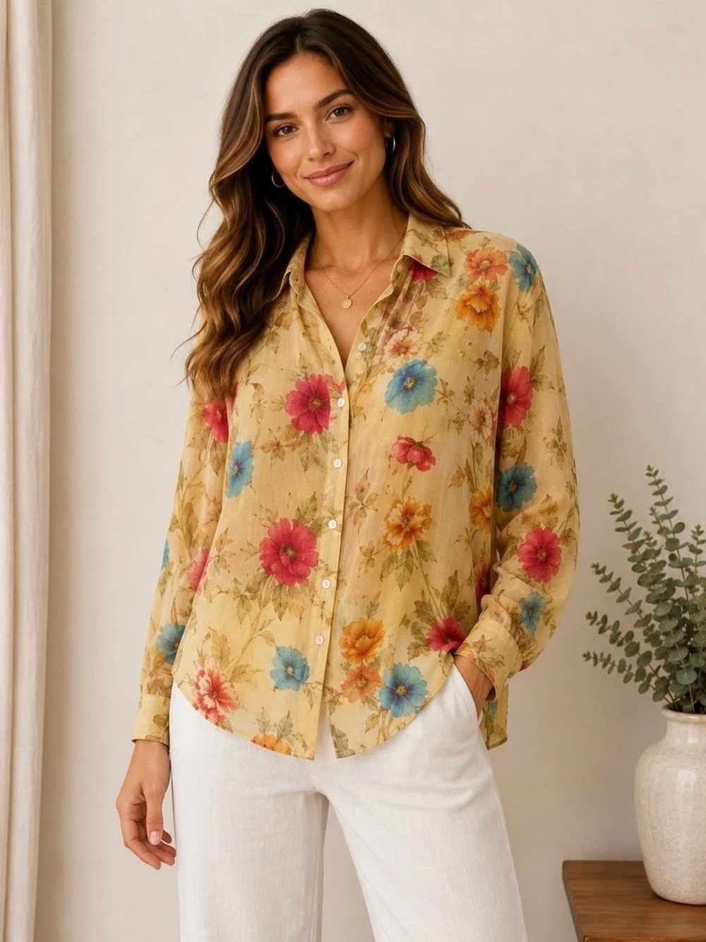 Umgee Lightweight Semi Sheer Botanical
Floral Button Down Shirt Small Romantic